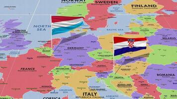 Luxemburgo y Croacia bandera ondulación con el mundo mapa, sin costura lazo en viento, 3d representación video