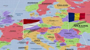 Mónaco y Rumania bandera ondulación con el mundo mapa, sin costura lazo en viento, 3d representación video