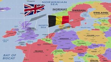 United Kingdom and Belgium Flag Waving with The World Map, Seamless Loop in Wind, 3D Rendering video