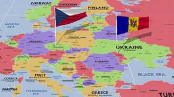 Moldova e tcheco república bandeira acenando com a mundo mapa, desatado ciclo dentro vento, 3d Renderização video