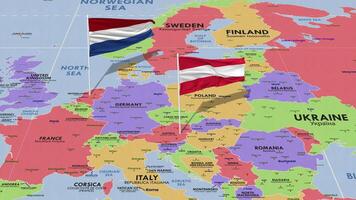 Netherlands and Austria Flag Waving with The World Map, Seamless Loop in Wind, 3D Rendering video