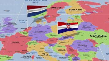 Netherlands and Croatia Flag Waving with The World Map, Seamless Loop in Wind, 3D Rendering video