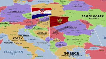 montenegro y Croacia bandera ondulación con el mundo mapa, sin costura lazo en viento, 3d representación video