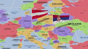 serbia y Austria bandera ondulación con el mundo mapa, sin costura lazo en viento, 3d representación video