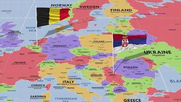 Sérvia e Bélgica bandeira acenando com a mundo mapa, desatado ciclo dentro vento, 3d Renderização video