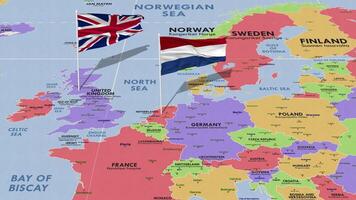 Netherlands and United Kingdom Flag Waving with The World Map, Seamless Loop in Wind, 3D Rendering video