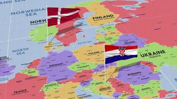 Denmark and Croatia Flag Waving with The World Map, Seamless Loop in Wind, 3D Rendering video