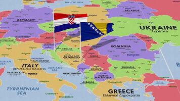 bosnia y herzegovina y Croacia bandera ondulación con el mundo mapa, sin costura lazo en viento, 3d representación video