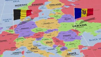 Moldavia y Bélgica bandera ondulación con el mundo mapa, sin costura lazo en viento, 3d representación video