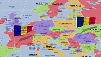 andorra y Rumania bandera ondulación con el mundo mapa, sin costura lazo en viento, 3d representación video