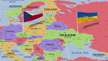 Ukraine and Czech Republic Flag Waving with The World Map, Seamless Loop in Wind, 3D Rendering video