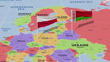 Polonia y bielorrusia bandera ondulación con el mundo mapa, sin costura lazo en viento, 3d representación video