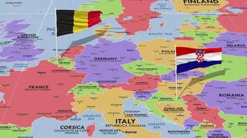 Belgium and Croatia Flag Waving with The World Map, Seamless Loop in Wind, 3D Rendering video