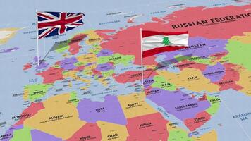 Libanon und vereinigt Königreich Flagge winken mit das Welt Karte, nahtlos Schleife im Wind, 3d Rendern video