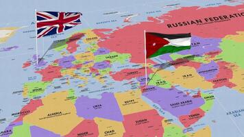 Jordan and United Kingdom Flag Waving with The World Map, Seamless Loop in Wind, 3D Rendering video