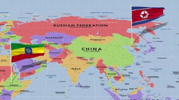 Etiopía y norte Corea bandera ondulación con el mundo mapa, sin costura lazo en viento, 3d representación video