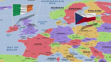 Irlanda e tcheco república bandeira acenando com a mundo mapa, desatado ciclo dentro vento, 3d Renderização video