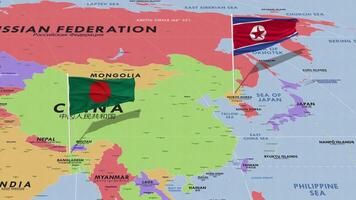 Bangladesh e norte Coréia bandeira acenando com a mundo mapa, desatado ciclo dentro vento, 3d Renderização video