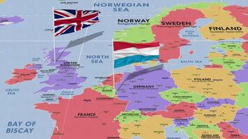 Luxembourg and United Kingdom Flag Waving with The World Map, Seamless Loop in Wind, 3D Rendering video