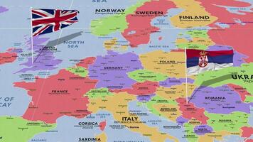 serbia y unido Reino bandera ondulación con el mundo mapa, sin costura lazo en viento, 3d representación video