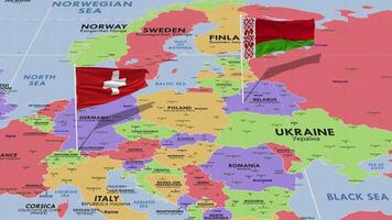 Suiza y bielorrusia bandera ondulación con el mundo mapa, sin costura lazo en viento, 3d representación video