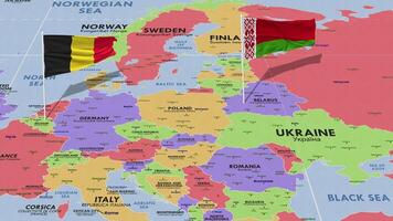 Bélgica e bielorrússia bandeira acenando com a mundo mapa, desatado ciclo dentro vento, 3d Renderização video