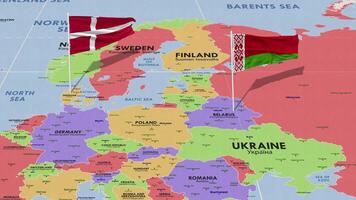 Dinamarca y bielorrusia bandera ondulación con el mundo mapa, sin costura lazo en viento, 3d representación video