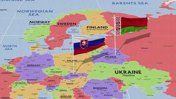 Eslováquia e bielorrússia bandeira acenando com a mundo mapa, desatado ciclo dentro vento, 3d Renderização video