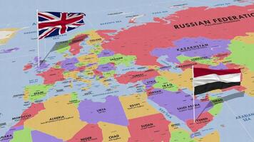 Yemen and United Kingdom Flag Waving with The World Map, Seamless Loop in Wind, 3D Rendering video