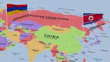 Armenia e nord Corea bandiera agitando con il mondo carta geografica, senza soluzione di continuità ciclo continuo nel vento, 3d interpretazione video
