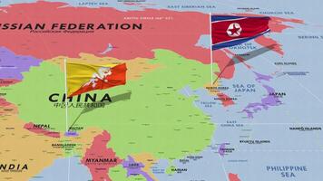 Bután y norte Corea bandera ondulación con el mundo mapa, sin costura lazo en viento, 3d representación video