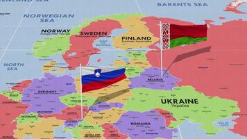 slovenia e bielorussia bandiera agitando con il mondo carta geografica, senza soluzione di continuità ciclo continuo nel vento, 3d interpretazione video