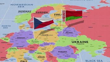 checo república y bielorrusia bandera ondulación con el mundo mapa, sin costura lazo en viento, 3d representación video