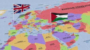 Palestina e Unidos reino bandeira acenando com a mundo mapa, desatado ciclo dentro vento, 3d Renderização video