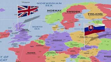 Slovakia and United Kingdom Flag Waving with The World Map, Seamless Loop in Wind, 3D Rendering video