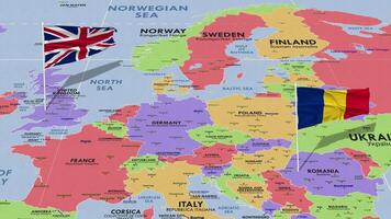 rumänien och förenad rike flagga vinka med de värld Karta, sömlös slinga i vind, 3d tolkning video