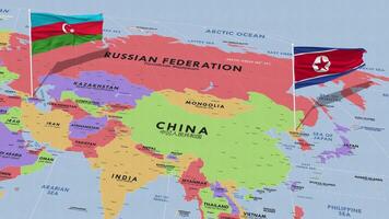 Azerbaijão e norte Coréia bandeira acenando com a mundo mapa, desatado ciclo dentro vento, 3d Renderização video