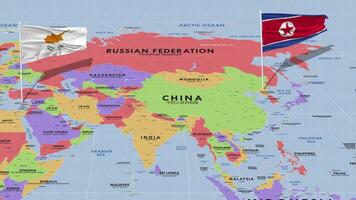 Chipre y norte Corea bandera ondulación con el mundo mapa, sin costura lazo en viento, 3d representación video