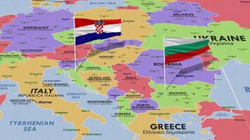 Bulgaria and Croatia Flag Waving with The World Map, Seamless Loop in Wind, 3D Rendering video