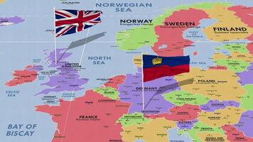 Liechtenstein and United Kingdom Flag Waving with The World Map, Seamless Loop in Wind, 3D Rendering video