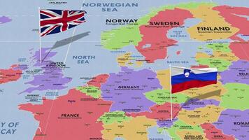 slovenia e unito regno bandiera agitando con il mondo carta geografica, senza soluzione di continuità ciclo continuo nel vento, 3d interpretazione video