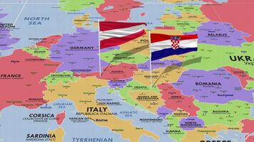 Austria y Croacia bandera ondulación con el mundo mapa, sin costura lazo en viento, 3d representación video