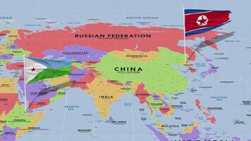 djibouti y norte Corea bandera ondulación con el mundo mapa, sin costura lazo en viento, 3d representación video