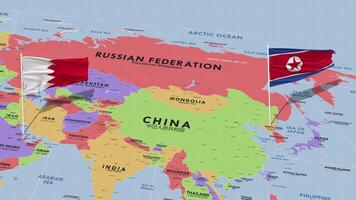 Bahrain and North Korea Flag Waving with The World Map, Seamless Loop in Wind, 3D Rendering video