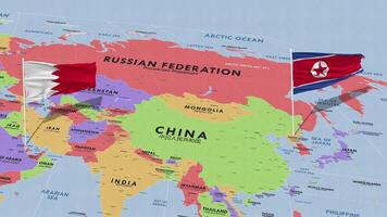 bahrein y norte Corea bandera ondulación con el mundo mapa, sin costura lazo en viento, 3d representación video