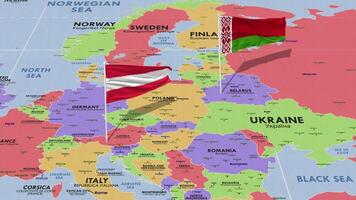 Austria y bielorrusia bandera ondulación con el mundo mapa, sin costura lazo en viento, 3d representación video