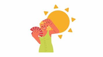 Avoid direct sun cartoon animation. Heat stroke danger 4K video motion graphic. Tired woman with hand fan covering from sunlight 2D color animated character isolated on white background