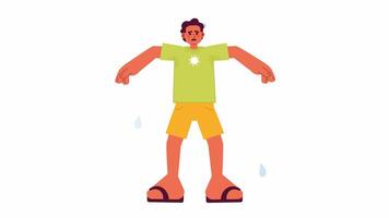 Excessive sweating cartoon animation. Discomfort of hot weather 4K video motion graphic. Fatigued latin american man with heavy sweat 2D color animated character isolated on white background