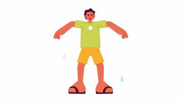 Excessive sweating cartoon animation. Discomfort of hot weather 4K video motion graphic. Fatigued latin american man with heavy sweat 2D color animated character isolated on white background