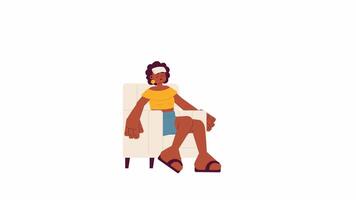 Putting wet cloth on forehead cartoon animation. Heat stroke 4K video motion graphic. Overheated african american woman falling in armchair 2D color animated character isolated on white background